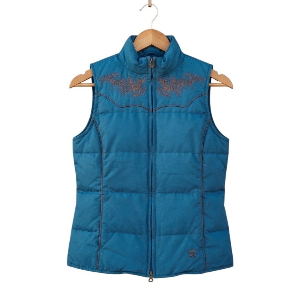 Ariat Teal Blue Down Puffer Vest Western Embroidered Yoke Small Normcore Classic